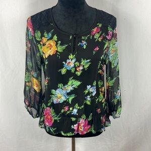 Lily Rose Sheer Blouse with Floral Print and Cinched Hem